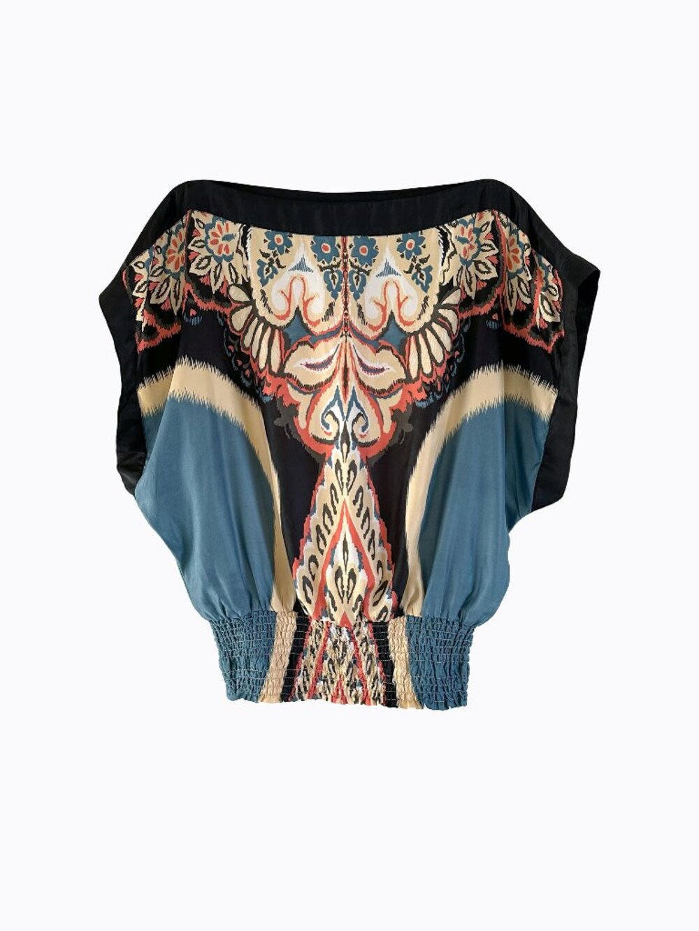 Vtg 90s Rampage Floral Paisley Top S Blue Black Smocked Boat Neck Y2K Whimsigoth